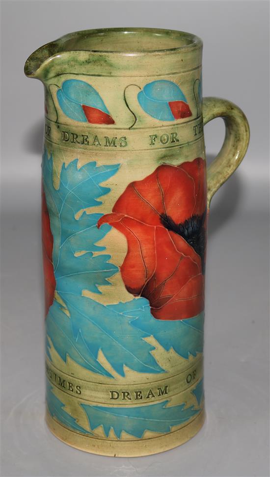 A Denis Chinaworks No.4 poppy jug with motto, Here is the flower of dreams for thee then will you sometimes dream of me 24cm